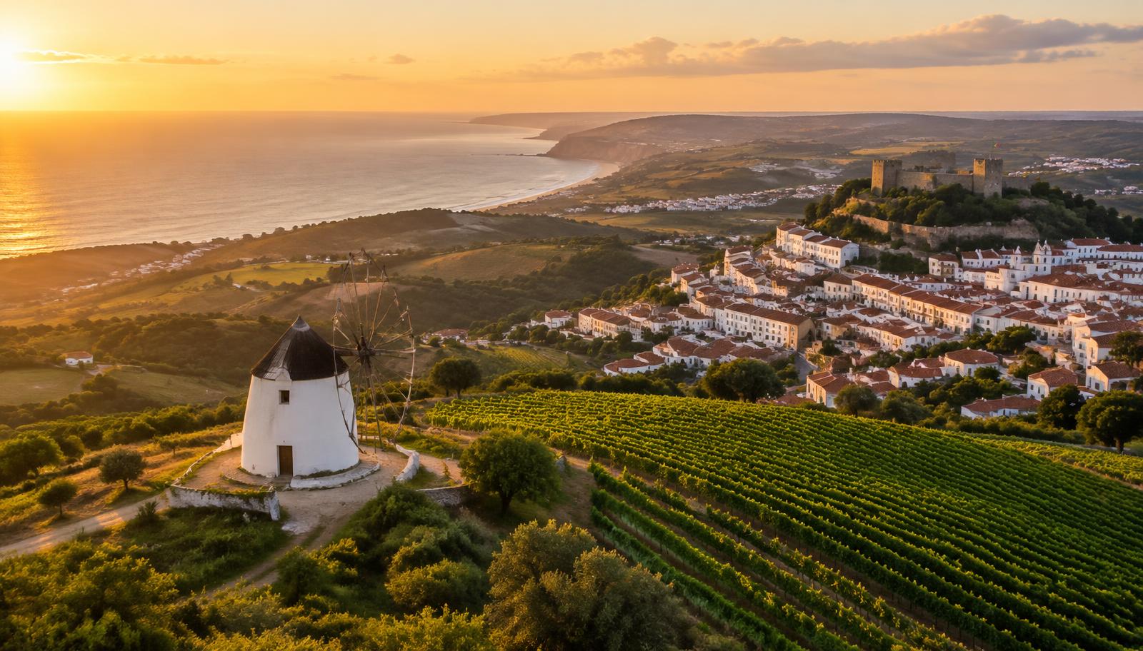 Paisagem de Torres Vedras com vinhas, moinho e o Atlântico